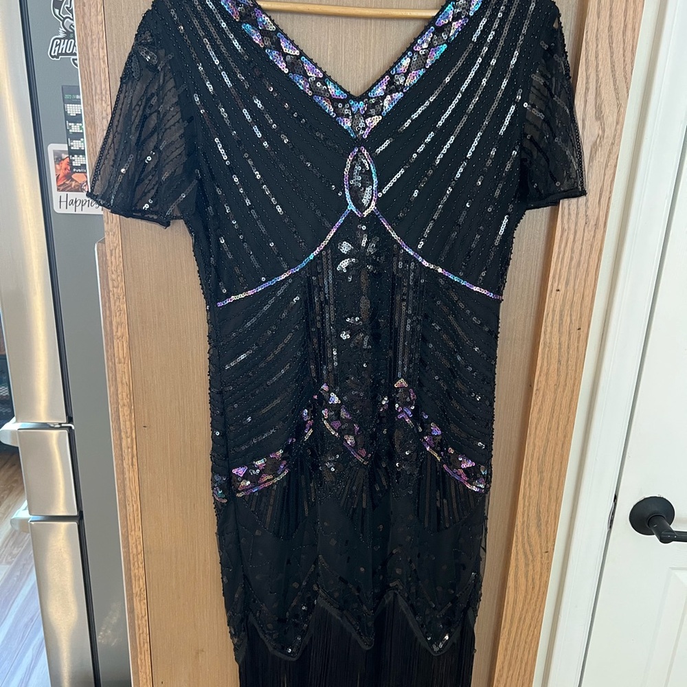Black Sequin Fringe V-Neck Evening Dress